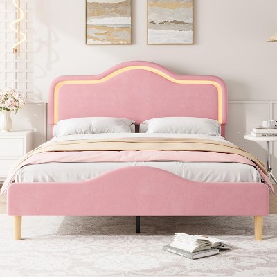 Beige/Pink/Gray Upholstered LED Bed Frame with Adjustable Headboard, Velvet Princess Platform Bed for Girls with Wooden Slat Support, Easy Assembly