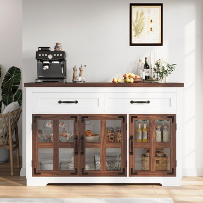 Buenhomino Buffet Cabinet with Storage, Farmhouse Sideboard Buffet with 2 Drawers and 3 Doors, Coffee Bar Cabinet for Kitchen, White and Walnut
