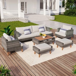 ELJGET 6 Pieces Wicker Patio Furniture Sets, All Weather PE Rattan Sectional Outdoor Conversation Set with Table and Cushions, Gray - 1 of 4