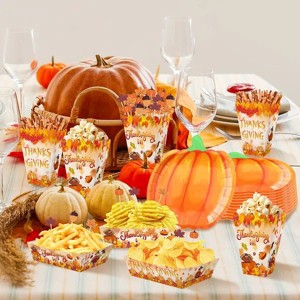 134 Pcs Thanksgiving Party Tableware Set Include Pumpkin Paper Plates Popcorn Boxes Food Trays w/100 Pcs Fall Cocktail Picks Disposable Dinnerware Set - 1 of 4