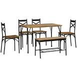 HOMCOM Industrial Dining Table Set for 6 People, 6 Piece Kitchen Table and Chairs Set, Dinner Table with Bench, Steel Frame and Storage Shelf