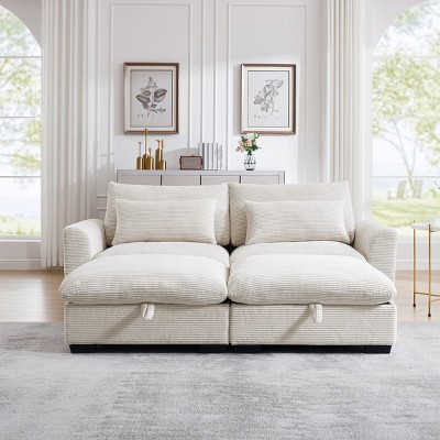 3 Pieces Modern Sofa With Storage Ottoman, Modular Couch Sectional Sofas Small With Pillows And Round Armrests, Small L Shape Sofa-Cuddlewood