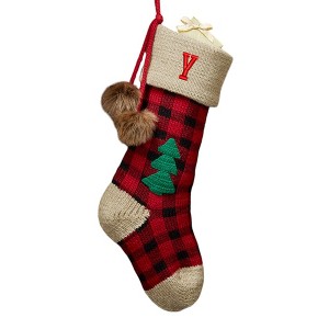 Personalization Mall Plaid Embroidered Initial Jumbo Knit Christmas Stocking - 1 of 3