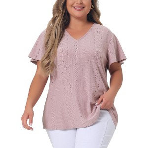 Agnes Orinda Women's Plus Size V Neck Eyelet Short Sleeve Casual Trendy Blouses - 1 of 4