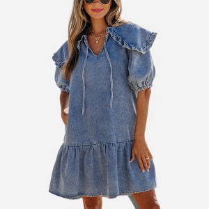 Amaryllis Women's Denim Ruffle Collar Dress Vintage-Inspired Puff Sleeve Relaxed Fit Boho-Chic Tunic - 1 of 4