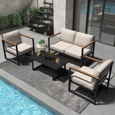 Patio Furniture Set 4-Piece, Outdoor Metal Conversation Set with Thick Washable Cushions, Loveseat, 2 Chairs & Coffee Table for Balcony, Beige