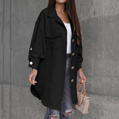 Women Collar Jackets Button Down Midi Length Shirt Jacket with Front Pockets