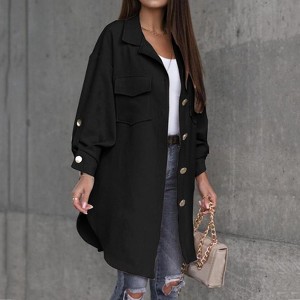 Women Collar Jackets Button Down Midi Length Shirt Jacket with Front Pockets - 1 of 3