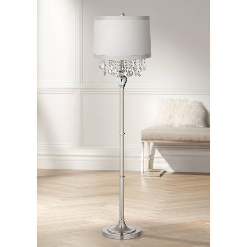 360 Lighting Modern Floor Lamp Standing 60 1/2" Tall Satin Steel Silver Crystal Off White Fabric Drum Shade for Living Room Bedroom Office House Home, 2 of 5