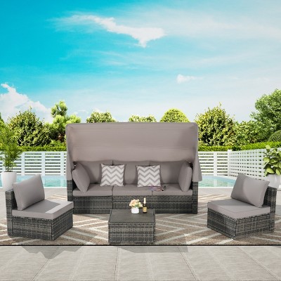 Outdoor 5 Pcs Furniture Set, Patio Wicker Daybed Set with Retractable Canopy, Sofa Set with Cushions and Storable Side Table-Coolbibila