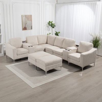 Aortzio Corduroy 95.7"W Section Sofa Combination,7 Seats,With Ottoman,Can Be Combined At Will