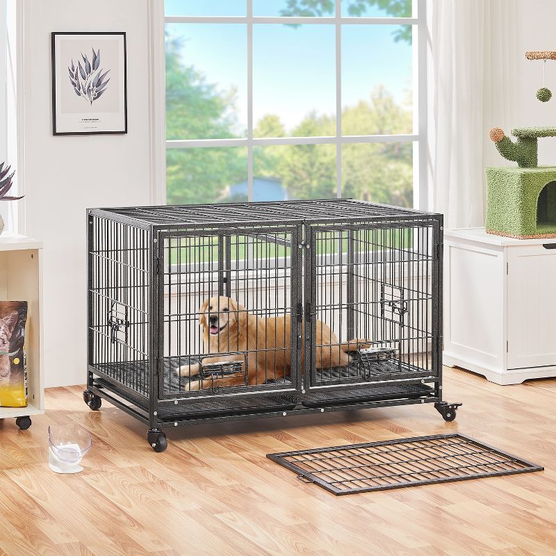 Yaheetech 42.5" W Rolling Dog Crate for Small Dogs, Black, 2 of 10