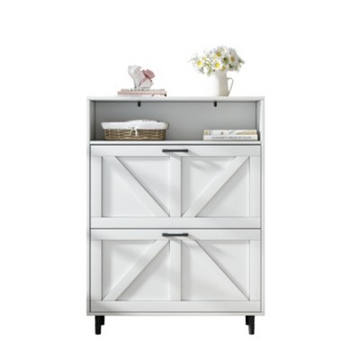 TIRAMISUBEST Farmhouse Shoe Cabinet - Barn Door, 2 Flip-Down Drawers (31"W x 44"H)