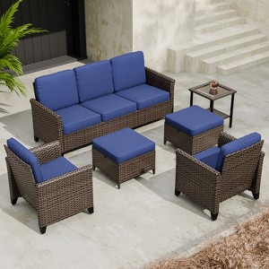EAGLE PEAK Ocean Vista 6 piece Patio Variated Brown Wicker Sofa Set Dining Chairs, 3-Seat Sofa - 1 of 4