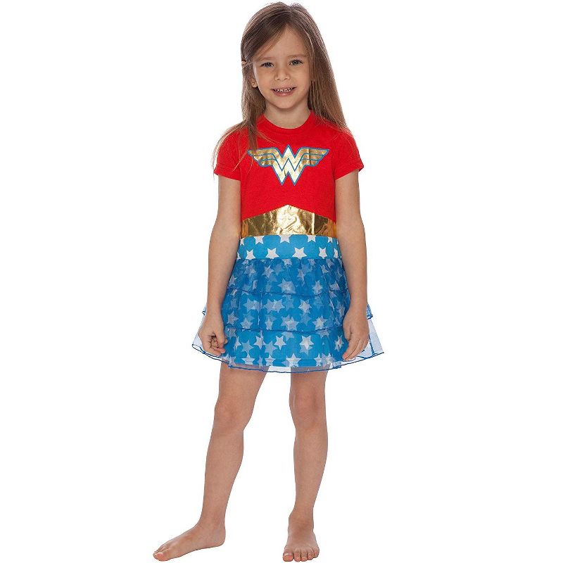 DC Comics Girls Wonder Woman Gold Foil Logo 3 Tiered Costume Pajama Nightgown Multicolored, 1 of 5