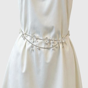 Anna-Kaci Women's Floral Metal Chain Belt with Faux Pearl Drop Details and Adjustable Fit 45.5in - White - 1 of 3