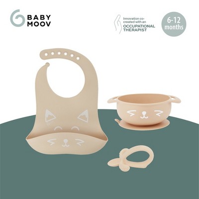 Beige Silicone Baby Feeding Set with Bowl, Spoon, and Bib