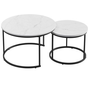 PDTEND 27.6 in. Round Nesting Coffee Table Set of 2, Wood Marble Pattern Top with Sturdy Metal Frame - White - 1 of 4