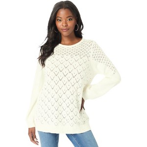 Roaman's Women's Plus Size Rhinestone Pointelle Knit Sweater - 1 of 4