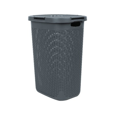 Gray Plastic Wicker Laundry Hamper with Lid and Wheels