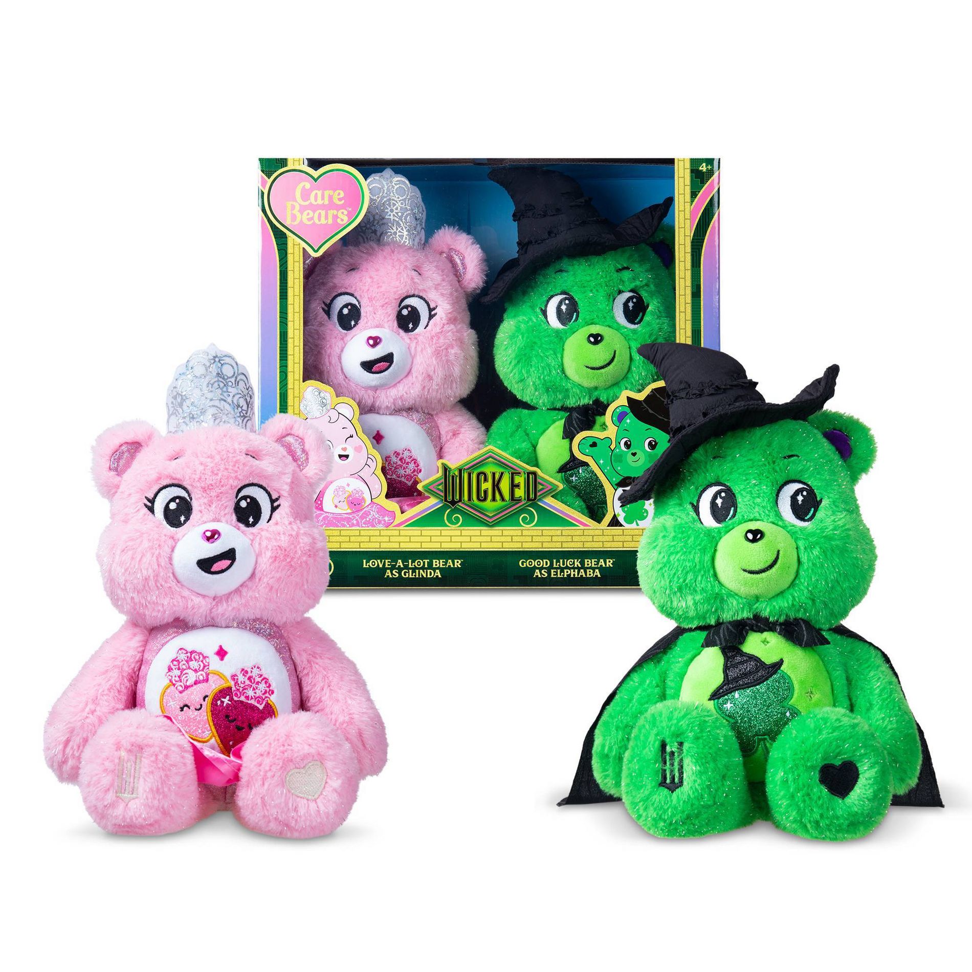 Care Bears x Wicked 2pk Love-a-Lot Bear as Glinda & Good Luck Bear as Elphaba: Stuffed Animals, Polyester Material, 2 Pieces
