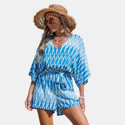 Women's Chic Ikat Print Beach Romper with Batwing Sleeves - Cupshe-XL-Blue