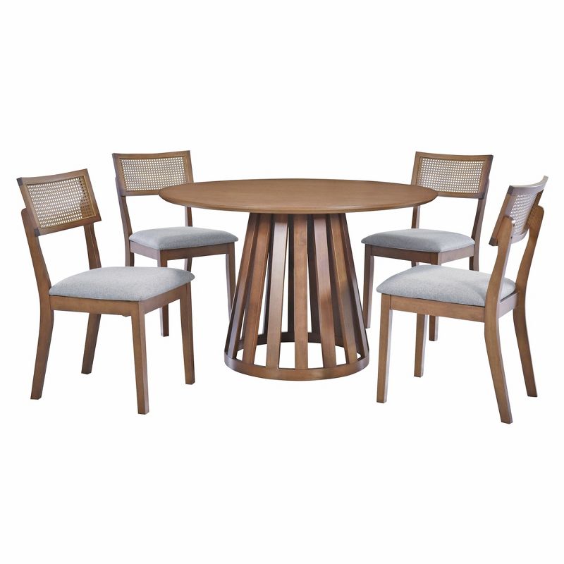 5-Piece Retro Dining Set with 1 Round Dining Table and 4 Upholstered Chairs with Rattan Backrests for Dining Room and Kitchen 4A - ModernLuxe, 4 of 14