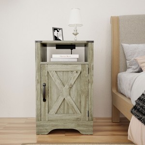 RoyalCraft Farmhouse Nightstand with Charging Station, Rustic End Table with Shelf and Storage for Bedroom or Home Office, Light Grey - 1 of 4