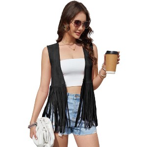 Clearlove Women's Tassel Sleeveless Vest 70s Hippie Faux Suede Fringe Jacket Cardigan - 1 of 4