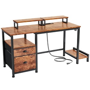 Itopfox Computer Desk with File Cabinet & Power Outlets, Home Office Desk with 2 Monitor Stands & Storage Drawer, Writing Gaming Table with Shelves - 1 of 4