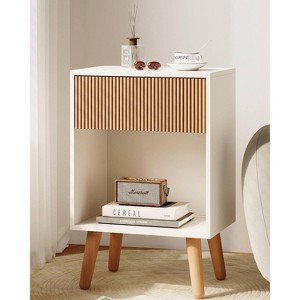 Fluted Nightstand, Modern Bedside Table with Storage Drawers and Open Wood Shelf, Night Stand with Solid Wood Legs - 1 of 4