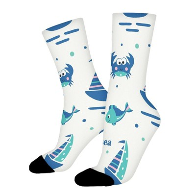 Sailing Ship Fish And Crabs Women Printed Crew Socks Funny Funky Socks Soft Polyester Novelty Gifts for Artists Men