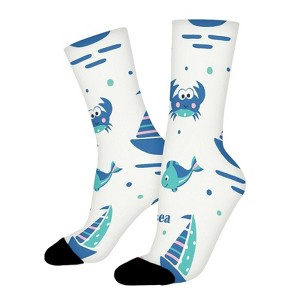 Sailing Ship Fish And Crabs Women Printed Crew Socks Funny Funky Socks Soft Polyester Novelty Gifts for Artists Men - 1 of 1