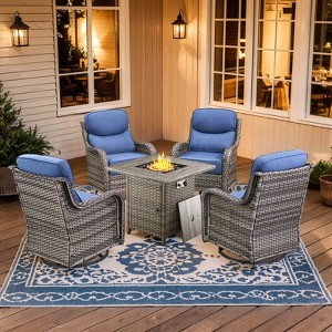 Buenhomino 7 Pieces Outdoor Patio Furniture Set with 30" Square Fire Pit Table, Rattan Wicker Swivel Rocker Chairs Sets - 1 of 4