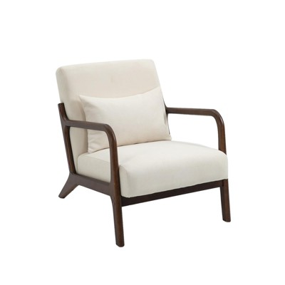GustoWave Mid Century Modern Accent Chair with Wood Frame, Upholstered Living Room Chairs with Waist Cushion, Reading Armchair , Beige