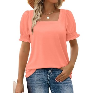 Summer Tops for Women Square Neck T Shirts Casual Tees Ruffle Trim Short Sleeve Blouses 2025 Fashion - 1 of 4