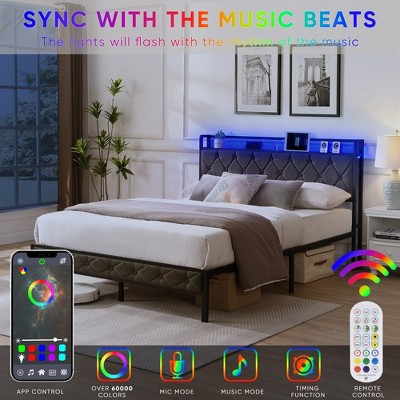 Queen Upholstered Platform Bed with Storage and LED Headboard