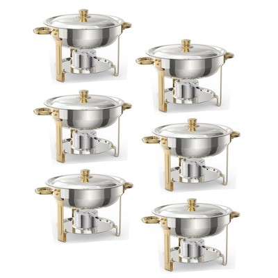 GustoWave 5.3 Qt. Stainless Steel Round Chafing Dish Buffet Set with Food & Water Pan & Gold Stand