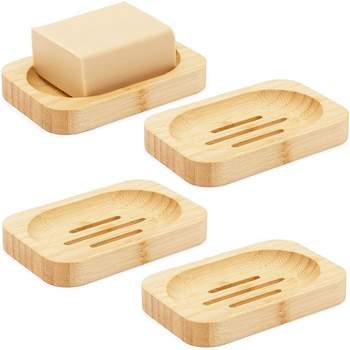 Okuna Outpost 4 Pack Bamboo Soap Dish with Drain, Bathroom Decor (4.7 x 3.1 x 0.67 in, 4 Pack)