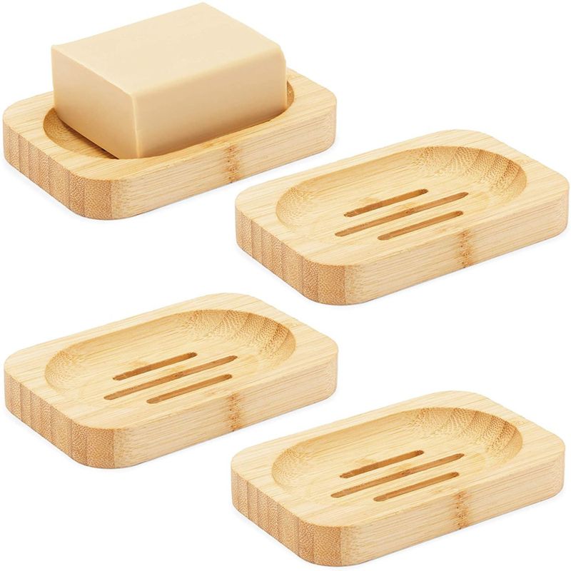 Okuna Outpost 4 Pack Bamboo Soap Dish with Drain, Bathroom Decor (4.7 x 3.1 x 0.67 in, 4 Pack), 1 of 6