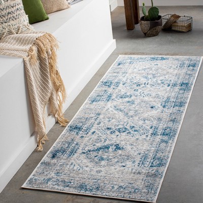 Blue and White Synthetic Vintage Runner Rug, 2'7" x 7'3"