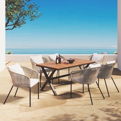 7-Piece Patio Dining Set, All-Weather Outdoor Furniture Set with Dining Table and Chairs, Acacia Wood Tabletop+Metal Frame, Beige - ModernLuxe