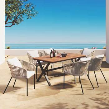 7-Piece Patio Dining Set, All-Weather Outdoor Furniture Set with Dining Table and Chairs, Acacia Wood Tabletop+Metal Frame 4A - ModernLuxe