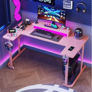 Bestier U-shaped Gaming Desk with Monitor Stand, LED Lights, Headphone Hooks, Cup Holder, Carbon Fiber Black - 1 of 4