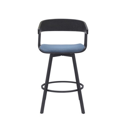 HomeRoots 27" Blue and Black Fabric with Metal Swivel Counter Height Bar Chair