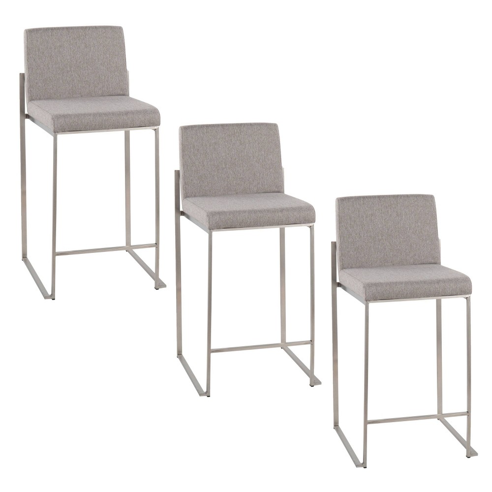 LumiSource Set of 3 Fuji High Back Counter Height Barstools Stainless Steel/Gray