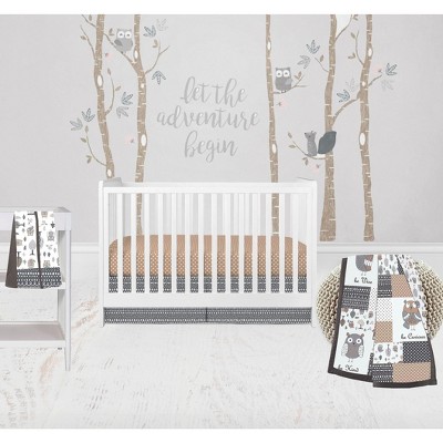 Image of Bacati - Owls in the Woods Beige/Gray 4 pc Crib Bedding Set with Diaper Caddy