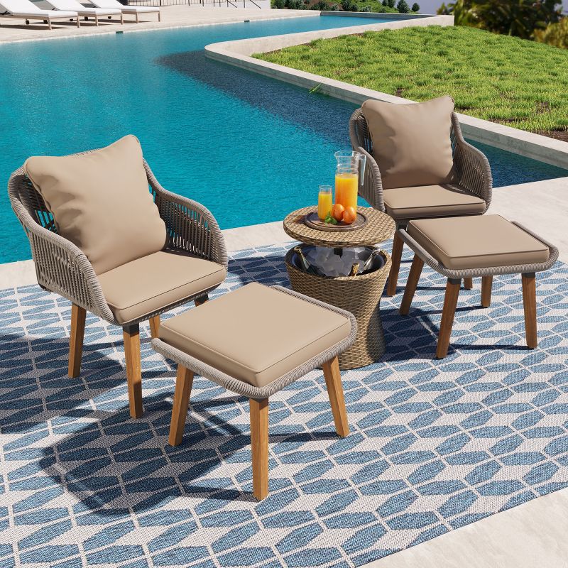 5-Piece Patio Conversation Set with 2 Ottomans, Outdoor Furniture Bistro Set with Wicker Cool Bar Table 4A - ModernLuxe, 1 of 13