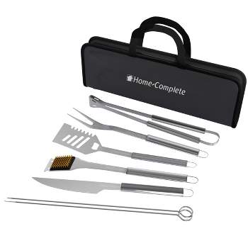 7-Piece BBQ Grill Tool Kit - Stainless Steel BBQ Accessories Kitchen Set with Spatula, Tongs, Fork, Knife, Brush, Skewers, and Case by Home-Complete