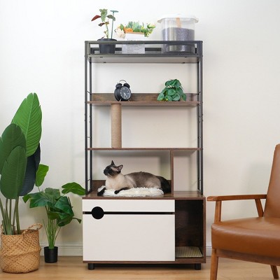 LOVMOR Cat Litter Box Enclosure with Shelves,Hidden Litter Box with Scratching Posts, litter box furniture